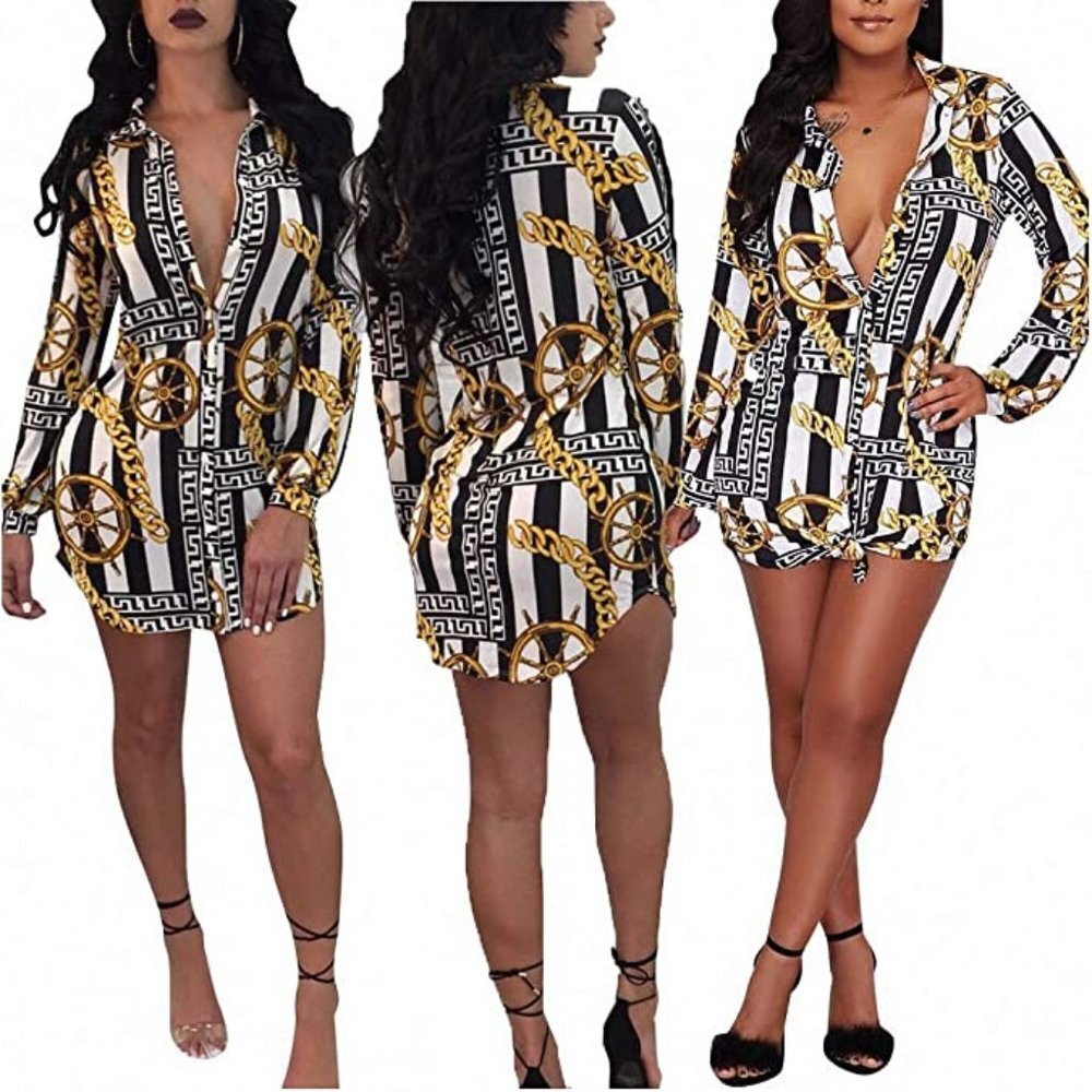 Womens Print Button Down Collar Long Sleeve Shirt Mini Dress